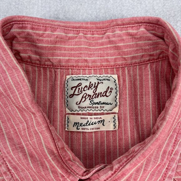 Lucky Brand Western Pearl Snap Shirt Mens M Pink Stripe Sawtooth Pocket Cowboy - Picture 4 of 11